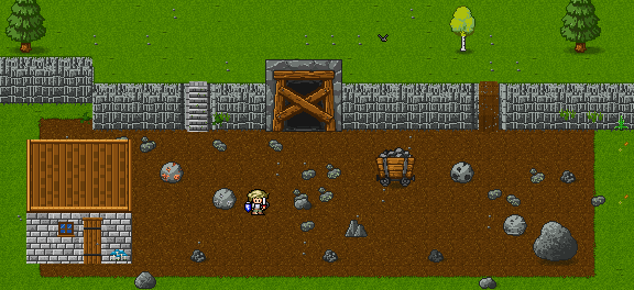 The quarry: a mine entrance in a stone wall, ore rocks, a loaded ore cart and a small stone hut.