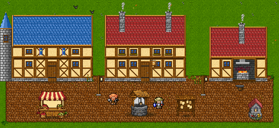The village square of Thornwick by day: the guild hall, the inn and the smithy, a market stall, the well, the notice board, a villager and a small knight.